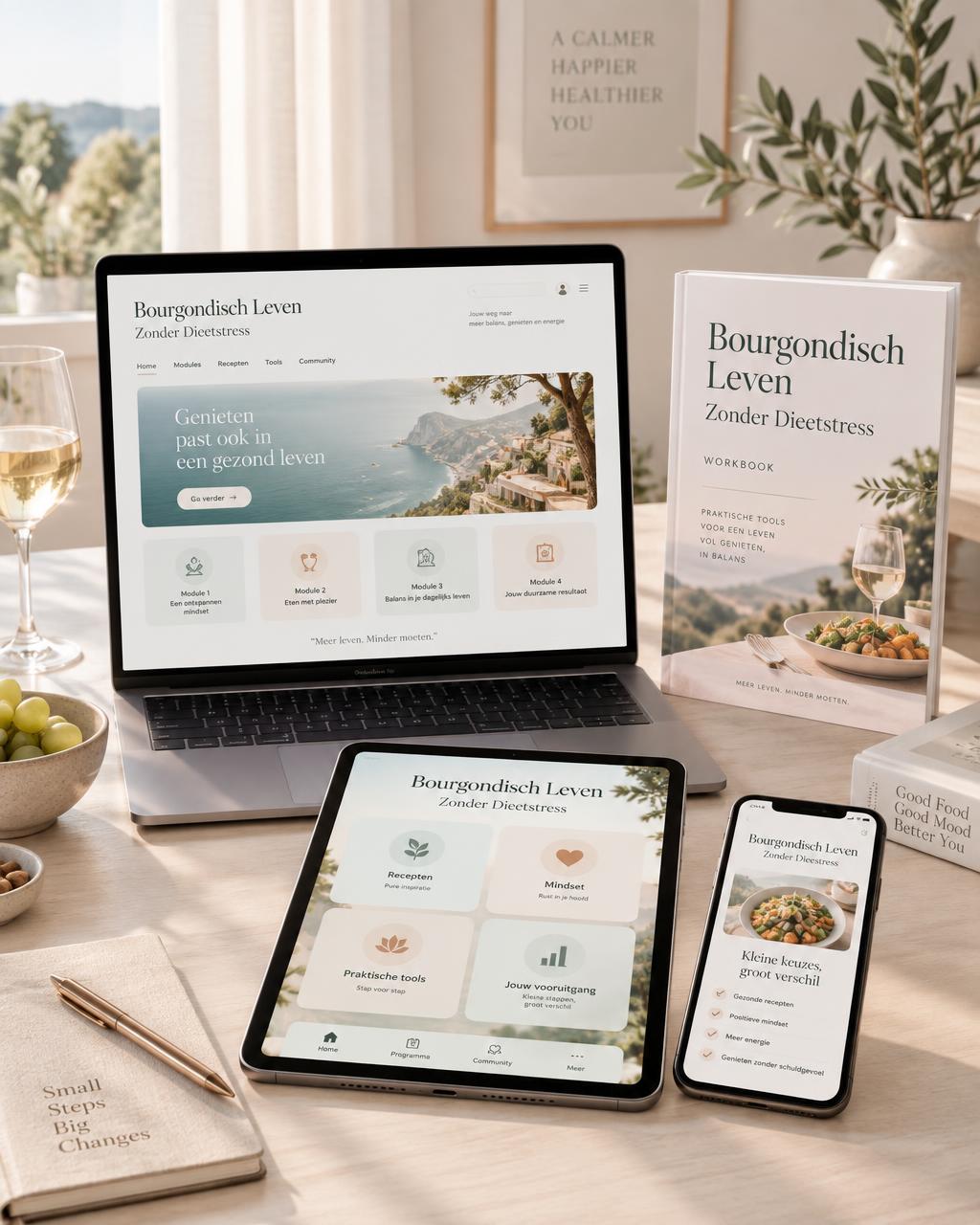 Mockup van het programma Bourgondisch Leven Zonder Dieetstress — laptop, tablet en telefoon